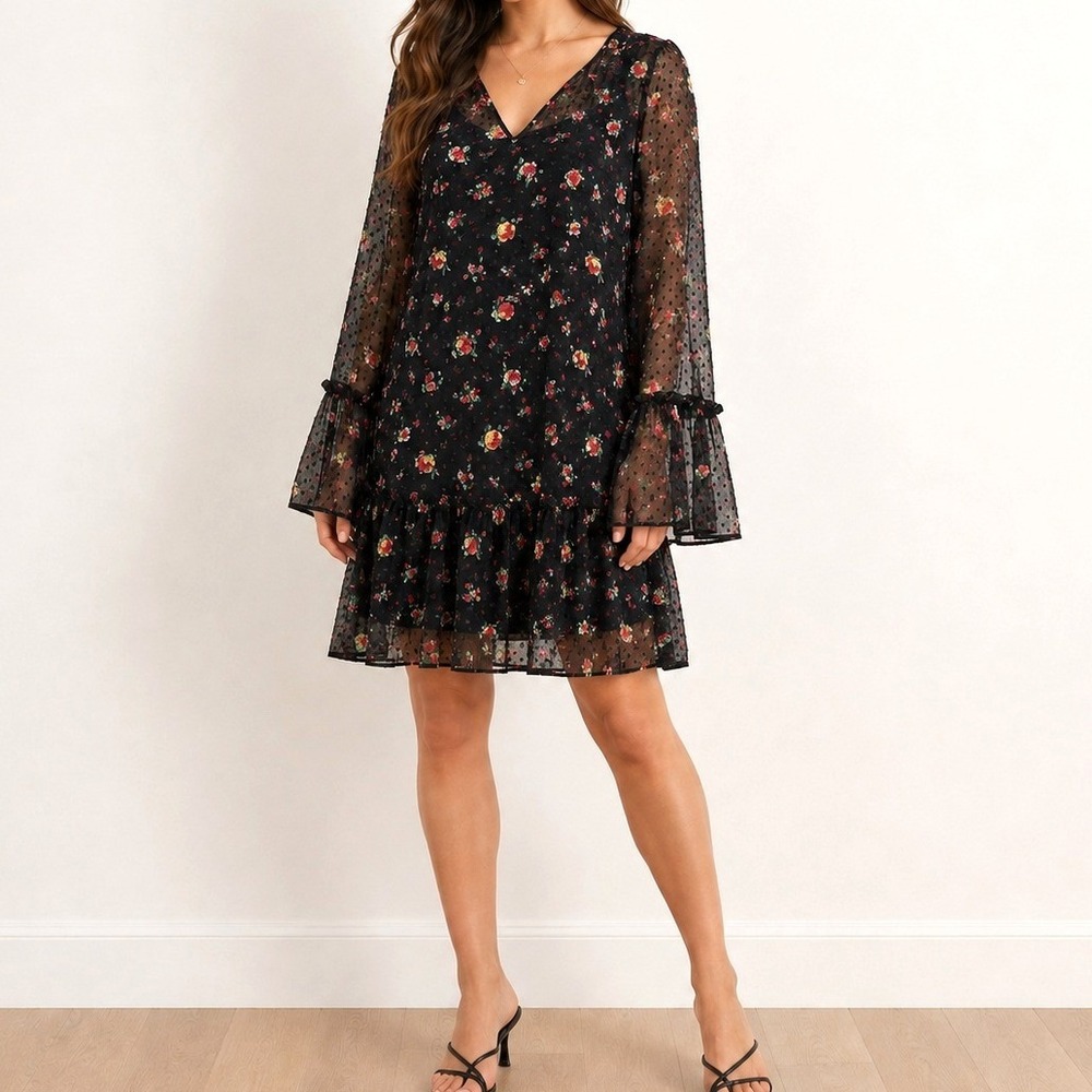 Banana Republic Black Floral Swiss Dot Dress M Sheer Bell Sleeve Floral Romantic